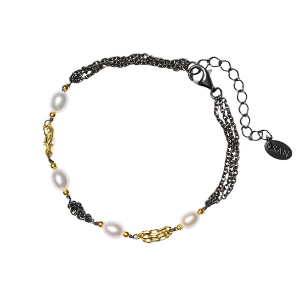 Armbånd & halskæde Steringsølv m.14kt guld & ferskvandsperler 18+4cm, från San - Links of Joy