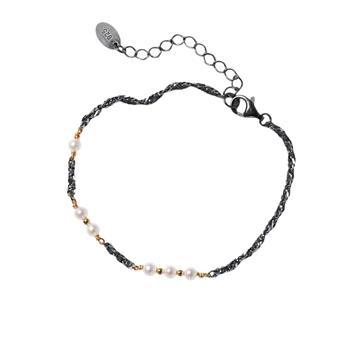 Armbånd & halskæde i sterlingsølv oxyderet/forgyldt med ferskvandsperler 16+4cm, från San - Links of Joy