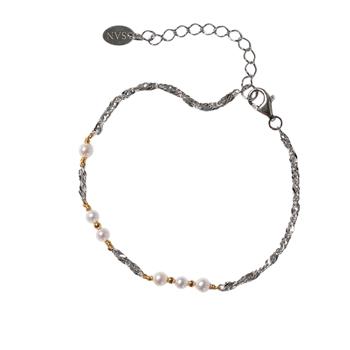 Armbånd & halskæde i sterlingsølv rhodineret/forgyldt med ferskvandsperler 16+4cm, från San - Links of Joy