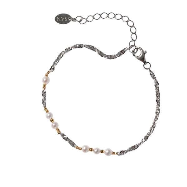 Armbånd & halskæde i sterlingsølv rhodineret/forgyldt med ferskvandsperler 18+4cm, från San - Links of Joy