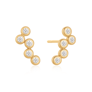 Guldfärgade örhängen med fem cirkulära element, varje med en klar sten.