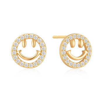 Guldfärgade örhängen med smiley-ansikte och små stenar runt omkretsen.