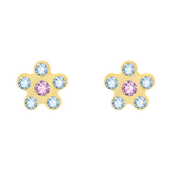 Örhängen från Støvring Design med rosa centersten och blå stenar i blomform, guldliknande infattning.