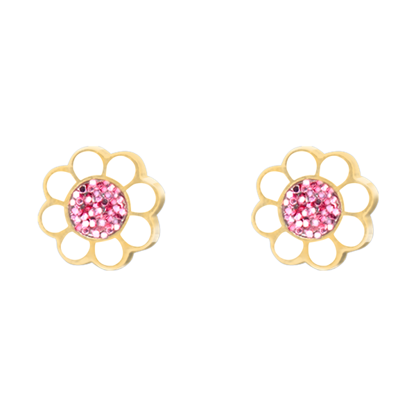 Blomformade örhängen med rosa stenar i mitten och guldfärgade konturer runt blombladen.