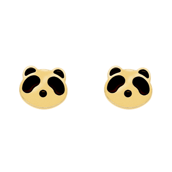 Gyllene örhängen med pandans ansikte, stiliserad design med utstansade ögon, näsa och mun.