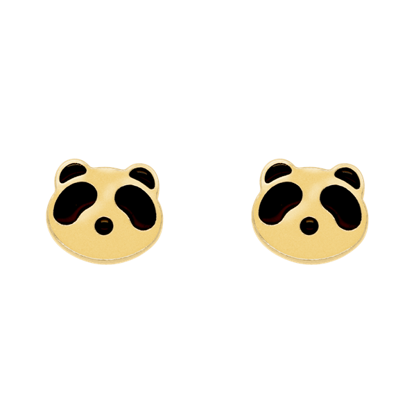 Gyllene örhängen med pandans ansikte, stiliserad design med utstansade ögon, näsa och mun.