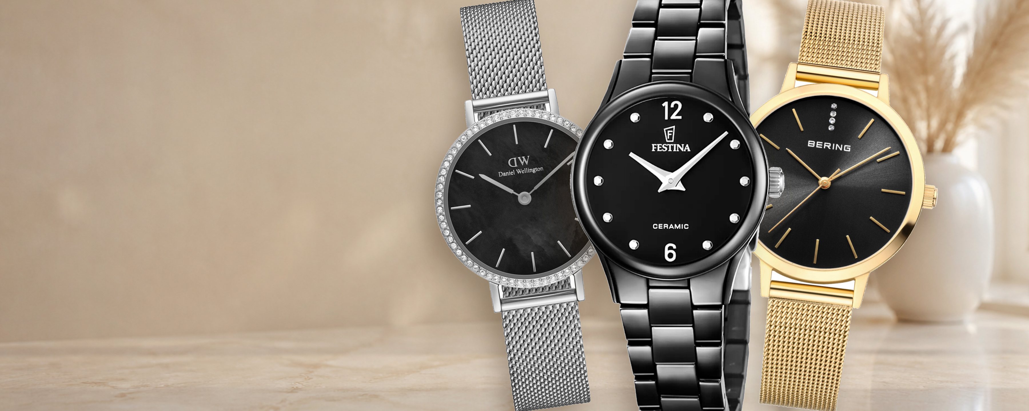 Svarta damklockor från Daniel Wellington, Festina och Bering