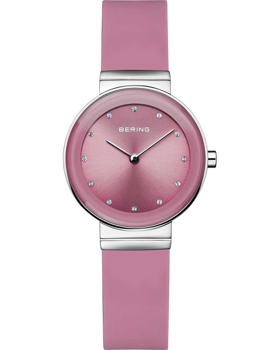 Rund rosa urtavla, kristallmarkörer, rosa armband, märket "BERING" på urtavlan.