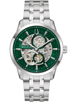 Bulova herrklocka med grön urtavla, synlig mekanik och rostfritt stålarmband.