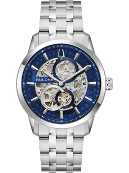 Bulova herrklocka med skeletturtavla och blå accent, metallarmband.