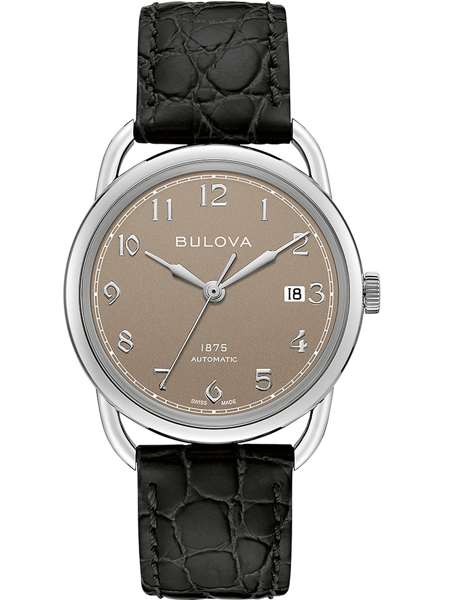 Rund urtavla med arabiska siffror, datum vid 3, svart armband, "Bulova," "1875," "Automatic."