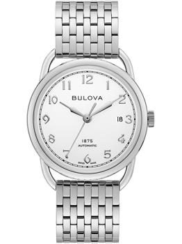 Rund klocka med metallarmband, arabiska siffror, datum vid 3, text: "Bulova," "1875," "Automatic."