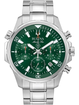 Grön urtavla, tre sub-urtavlor, text "Bulova", "Marine Star", "100m", metallarmband, märkta bezel.