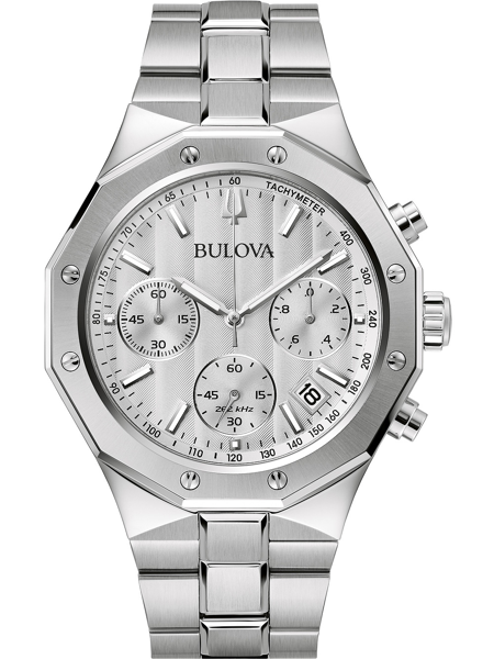 Bulova-klocka i metall med tre sub-dialer, tachymeter och datum vid klockan 4.