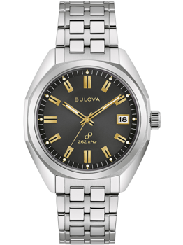 Bulova 96B415 Jet Star med mörk urtavla, guldmarkeringar, text "262 kHz" och datumfönster.