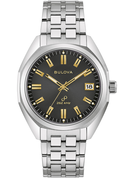 Bulova 96B415 Jet Star med mörk urtavla, guldmarkeringar, text "262 kHz" och datumfönster.