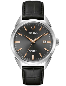 Bulova 96B422 herrklocka med svart urtavla, roséguldfärgade markörer, datum och svart rem.