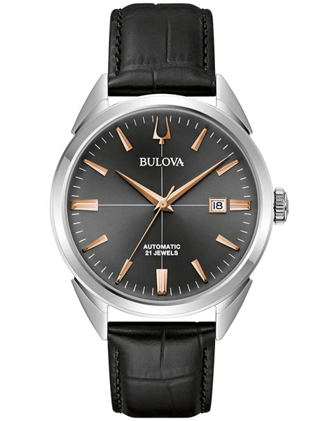 Bulova 96B422 herrklocka med svart urtavla, roséguldfärgade markörer, datum och svart rem.