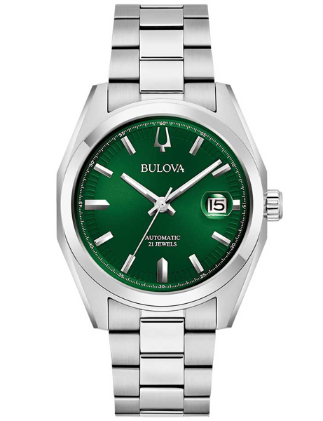Grön urtavla med datum vid kl 3, Bulova-logotyp, texten "Automatic 21 Jewels", metallarmband.