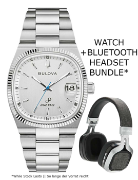 Bulova 96B444 herrklocka med datum och "262 kHz" på urtavlan, metallarmband, Bluetooth-headset.