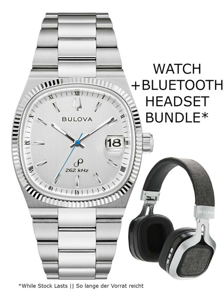 Bulova 96B444 herrklocka med datum och "262 kHz" på urtavlan, metallarmband, Bluetooth-headset.