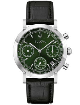 Bulova herrklocka med grön urtavla, tre suburtavlor, tachymeter och svart armband.