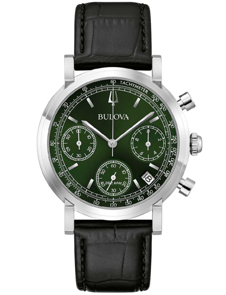 Bulova herrklocka med grön urtavla, tre suburtavlor, tachymeter och svart armband.