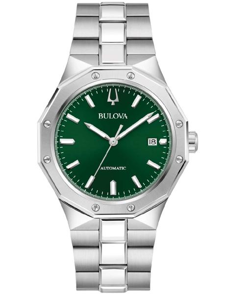 Åttakantig ram, grön urtavla, datumvisning, texten "Bulova" och "Automatic" synliga.
