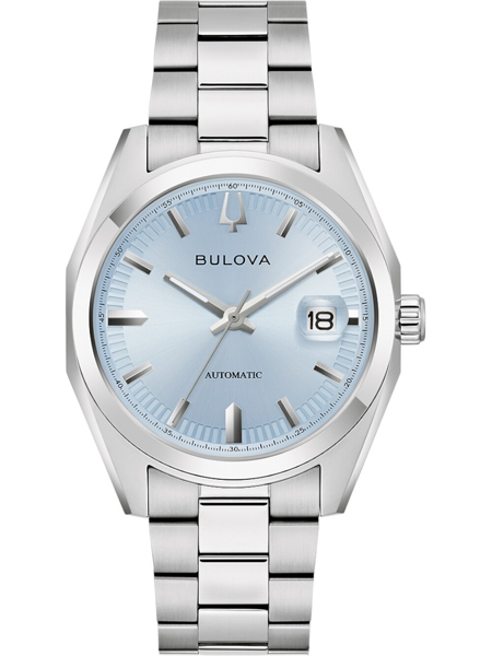 Bulova-klocka med silverarmband, ljusblå urtavla, datum vid 3-positionen och automatisk rörelse.