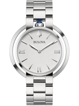 Bulova damklocka med metallarmband, rund urtavla, romerska siffror och blå accent på kronan.