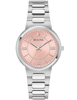 Bulova damklocka med rosa urtavla, romerska siffror, metallarmband och "BULOVA" på urtavlan.