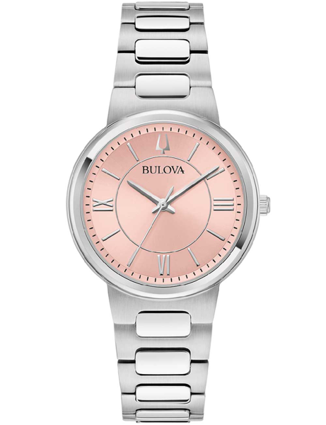 Bulova damklocka med rosa urtavla, romerska siffror, metallarmband och "BULOVA" på urtavlan.