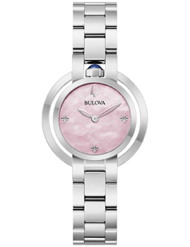 Klocka med rosa urtavla, blomformade markeringar och blå sten på kronan, märkt "Bulova".