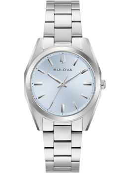 Ljusblå urtavla med silverindex och visare. Bulova-logga. Polerat metallarmband.