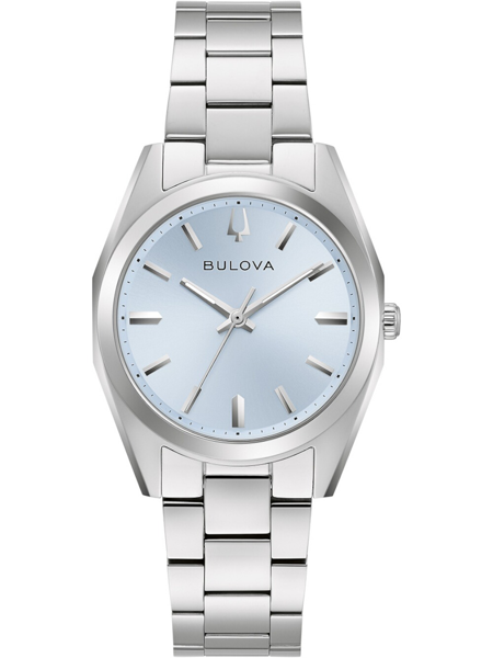 Ljusblå urtavla med silverindex och visare. Bulova-logga. Polerat metallarmband.