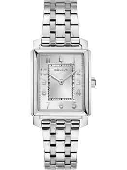 Rektangulär Bulova 96L349 damklocka med metallarmband och tydliga timmarkeringar.