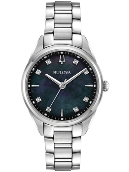 Bulova klocka med mörk skimrande urtavla, diamantmarkörer och metallarmband. Märke synligt.
