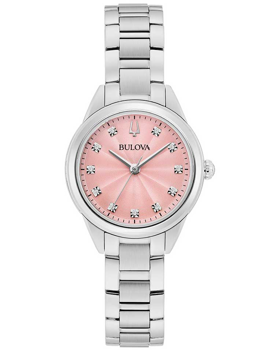 Klocka med rosa urtavla, silvermarkörer och armband. Elegant damklocka Bulova Sutton 28mm.