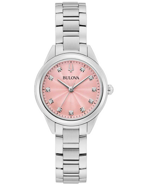Klocka med rosa urtavla, silvermarkörer och armband. Elegant damklocka Bulova Sutton 28mm.