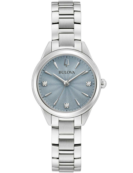 Blå urtavla med Bulova-logotyp, diamantmarkörer och metallarmband.