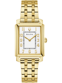 Rektangulär vit urtavla med guldiga siffror och visare, guldigt länkarmband, Bulova-logga synlig.