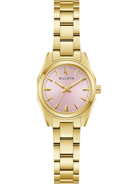 Guldfärgad Bulova damklocka med rosa urtavla, guldfärgade markörer och visare.