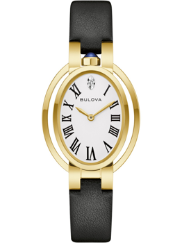 Bulova damklocka med vit urtavla, svarta romerska siffror, guldfärgad boett och svart armband.