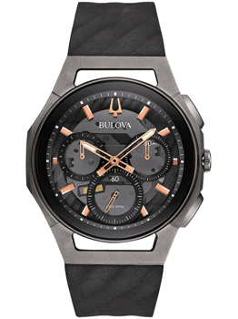 Svart Bulova-kronograf med tre subdials, roséguldmarkeringar och texten "262 kHz" på urtavlan.