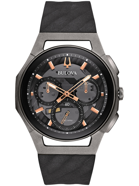 Svart Bulova-kronograf med tre subdials, roséguldmarkeringar och texten "262 kHz" på urtavlan.