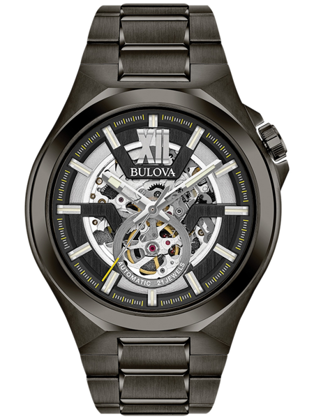 Herrklocka med synlig urtavla, metallarmband och texten "Automatic 21 Jewels".