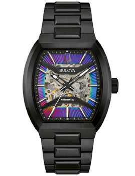 Bulova herrklocka med skelettur och blå-lila gradient på urtavlan, automatisk urverk.