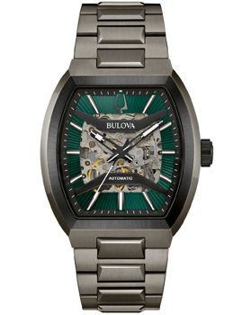 Bulova herrklocka med skeletturtavla, metallarmband och rektangulärt urfodral, visar maskineriet.