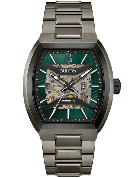 Bulova herrklocka med skeletturtavla, metallarmband och rektangulärt urfodral, visar maskineriet.