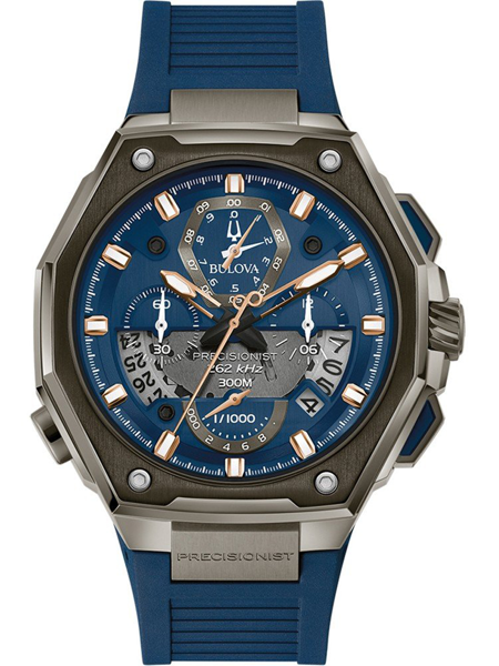 Blå urtavla och armband, guldtonade accenter, flera sub-dialer, vattentålig upp till 300m.